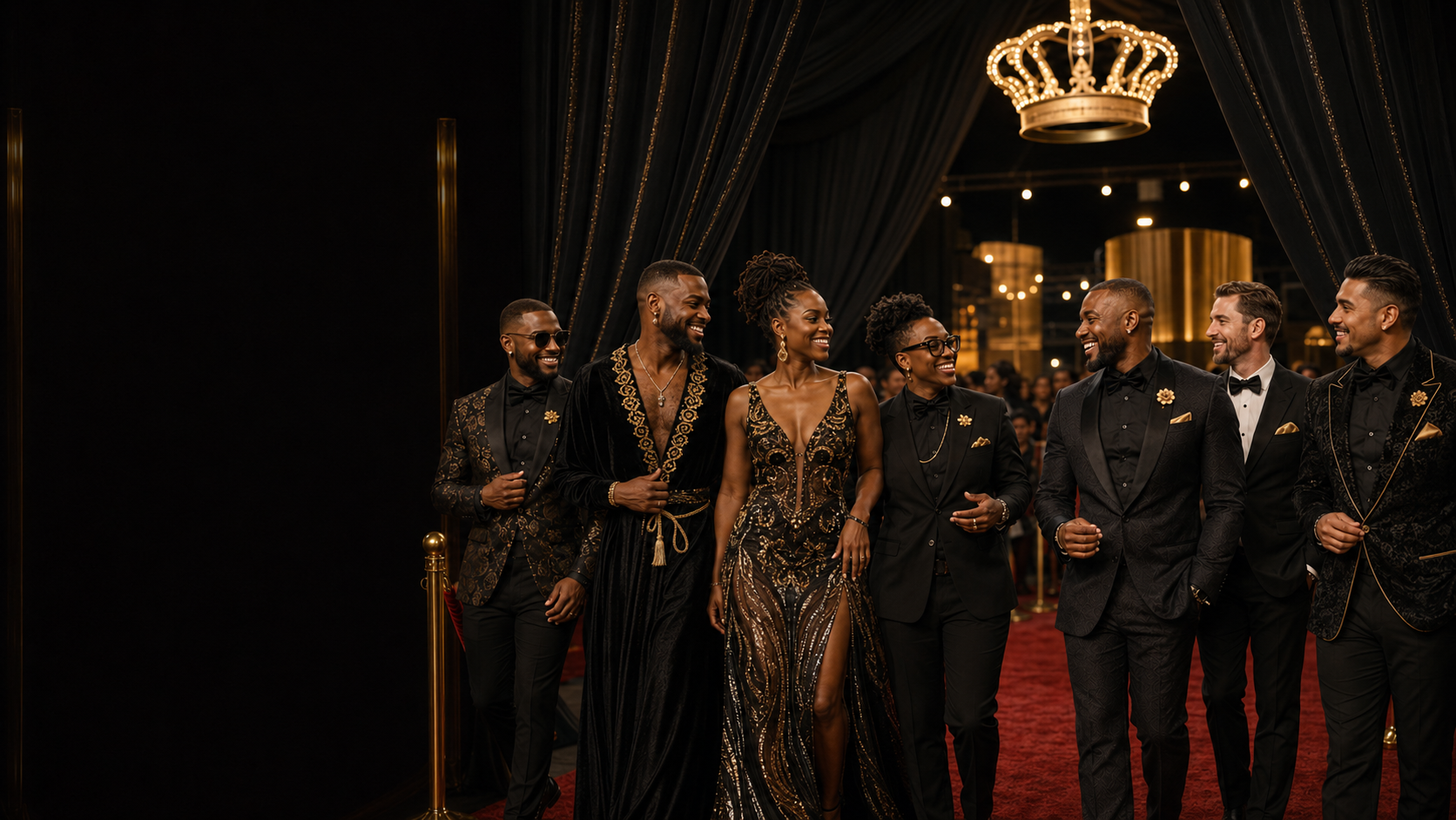 Guests in formal black-tie attire beneath an illuminated gold crown at a gala